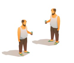 Drunk Bald Poor Man In Tank Top With A Beer Can. Isometric 3d Vector Low Poly Illustration