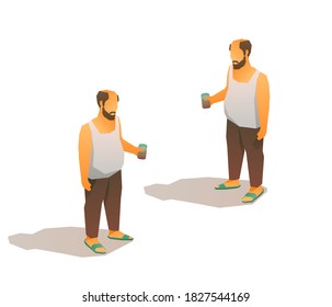 Drunk bald poor man in tank top with a beer can. Isometric 3d vector low poly illustration