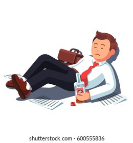 Drunk bankrupt unemployed business man lying on the floor with alcohol bottle. Broken executive manager drinking of stress. Addicted alcoholic leaning wall. Flat style isolated vector illustration. 