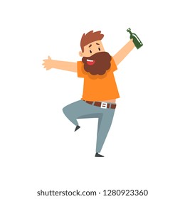 Drunk bearded man with bottle of alcohol drink in his hand, funny guy character drinking alcohol vector Illustration