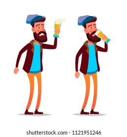 A drunk bearded man holds a glass of beer. A drunken bearded man drinks a glass of beer. Drunk male cartoon character