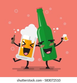 Drunk beer glass and bottle character. Vector illustration