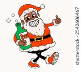 Drunk black Santa Claus. Groovy vintage funny Santa character drinking alcohol.