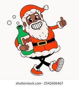 Drunk black Santa Claus. Groovy vintage funny Santa character drinking alcohol.