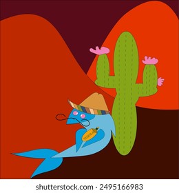 A drunk blue fish with a black mustache and a beige hat sits under a huge green cactus with pink flowers. In its fins the fish holds a bottle with the inscription Tequila. Orange-red mountains around 