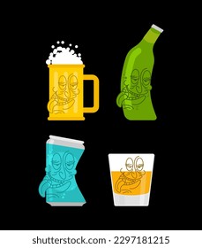 Drunk bottle beer and Whiskey cartoon set. Alcoholic illustration