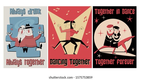 Drunk Buddies, Dancing Couples Illustration, Mid Century Modern Art Style 