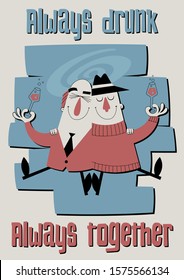 Drunk Buddies Retro Style Comic Illustration, Mid Century Modern Art Style,