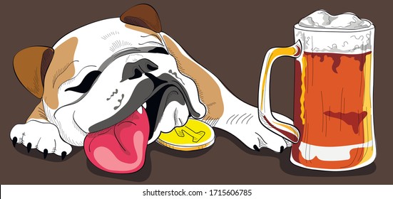 
Drunk Bulldog is drinking beer. Humor card, t-shirt design composition, hand drawn style print. Vector illustration.