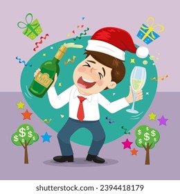 Drunk business man wearing santa hat with alcohal bottle and glass,Christmas gifts and presents concept. illustration vector eps10 cartoon. 