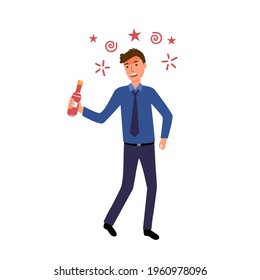 Drunk businessman with alcohol bottle in his hand flat design. Alcoholic character. Alcohol addiction.