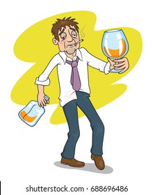 Drunk businessman with a bottle, vector illustration cartoon