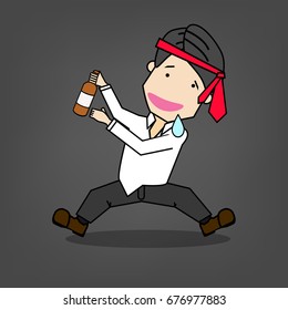 Drunk Businessman  dancing with alcohol bottle. Funny vector style.