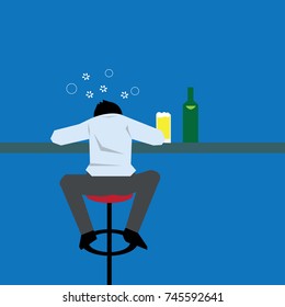 Drunk businessman drinking beer and sleeping at bar-vector