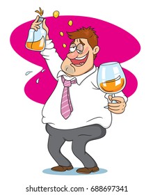 Drunk Businessman drinking whisky, vector illustration cartoon