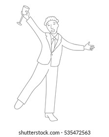 Drunk businessman in formal suit dancing with a glass of champagne, thin line doodle style vector illustration