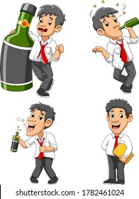 Drunk Businessman With Green Alcohol Bottle of illustration