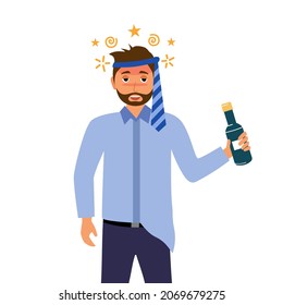 Drunk businessman holding alcohol bottle and in flat design on white background. Alcoholic character. Alcohol addiction.