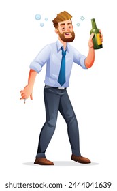 Drunk businessman holding alcohol bottle. Vector cartoon illustration isolated on white background