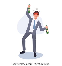 Drunk Businessman Holding Beer Bottle. Alcoholism in Corporate Life concept.