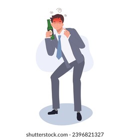 Drunk Businessman Holding Beer Bottle. Alcoholism in Corporate Life concept.