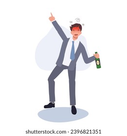 Drunk Businessman Holding Beer Bottle. Alcoholism in Corporate Life concept.