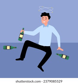 Drunk businessman sitting on the floor in flat design.