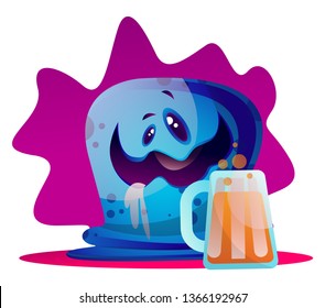 Drunk cartoon blue monster vector illustarton on white background