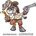 Drunk cartoon cowboy donkey holding a beer and a gun. Vector illustration with simple gradients. All on a single layer. 
