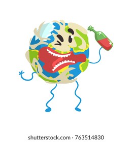 Drunk cartoon Earth planet character with bottle with it hands, funny globe emoji vector Illustration