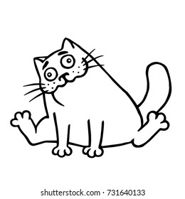 Drunk cartoon happy fat cat. Isolated vector illustration. Funny cute character. Black and white colors.