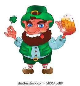 Drunk cartoon leprechaun holds in his hands the Shamrock and beer isolated on white background. Vector illustration for St. Patrick's Day
