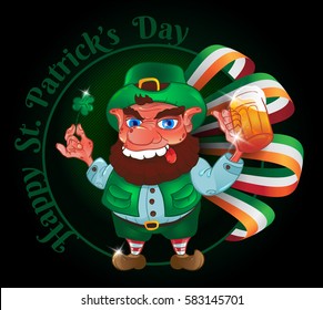 Drunk cartoon leprechaun holds in his hands the Shamrock and beer with the Irish flag. Vector illustration for St. Patrick's Day. Greeting card design