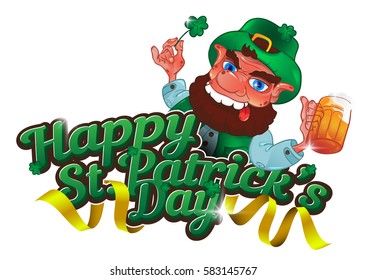 Drunk cartoon leprechaun holds in his hands the Shamrock and beer isolated on white background. Vector illustration for St. Patrick's Day. Greeting card design