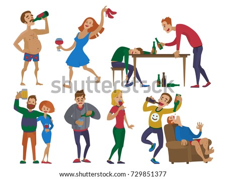 Drunk cartoon people alcoholic man and woman alcoholism drunken tipsy characters person vector illustration.