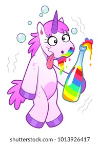 Drunk cartoon unicorn with a bottle of rainbow. 