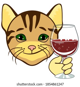 drunk cat holds a wine glass of champagne or other alcohol in his hand, simplistic facial expression vector illustration, cartoon character