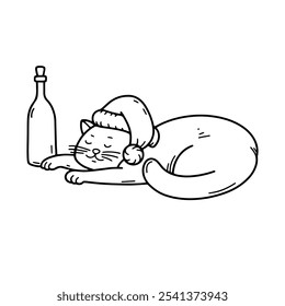 Drunk cat is lying with bottle of wine. Merry Christmas funny Doodle illustration. Festive greeting postcard. Vector outline icon.