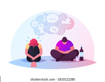 Drunk Characters Sitting on Floor in Depressed Mood with Wine Bottle and Bowed Head. Depression, Bipolar Disorder, Alcohol Addiction. People Crying Feel Lonely, Alcoholism. Cartoon Vector Illustration