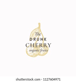 The Drunk Cherry Abstract Vector Sign, Symbol or Logo Template. Two Cherries with Leaf Sketch Sillhouette with Elegant Retro Typography. Vintage Luxury Emblem. Isolated.