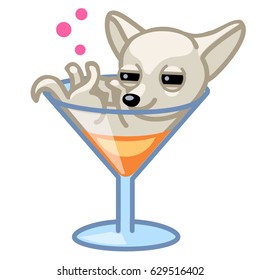 Drunk Chihuahua Dog In A Cocktail Glass Vector Illustration