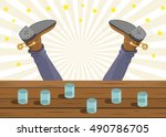 Drunk cowboy fell out of the bar. Vector cartoon background image