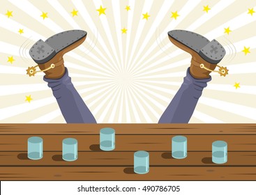 Drunk cowboy fell out of the bar. Vector cartoon background image