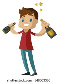 drunk cute cartoon with two bottles