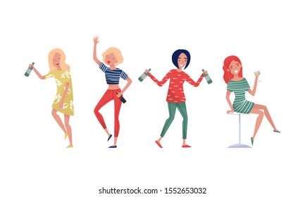 Drunk Dancing Girls With Alcohol At A Party Vector Illustration Set Isolated On White Background