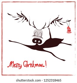 Drunk deer with a bell. Merry Christmas card. 2019. Vector illustration on white isolated background.