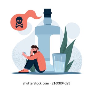 Drunk depressed man. Alcohol addiction and health problems. Sad man sitting next to bottle of alcoholic drink. Getting rid of bad habits and unhealthy lifestyle. Cartoon flat vector illustration.