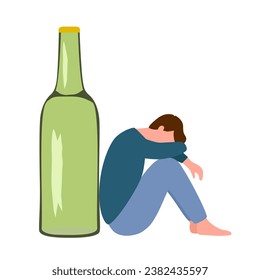 Drunk depressed man. Alcohol addiction. Sad man sitting next to beer bottle in flat design on white background.