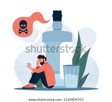 Drunk depressed man. Alcohol addiction and health problems. Sad man sitting next to bottle of alcoholic drink. Getting rid of bad habits and unhealthy lifestyle. Cartoon flat vector illustration.