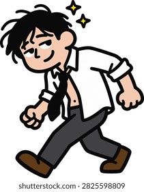 Drunk or dizzy office worker or businessman with messy hair and stars around his head walking with an unbuttoned shirt and black tie, minimal vector illustration
